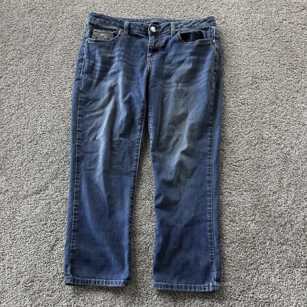 Apt. 9 Straight Jeans Womens 8 Med Wash Blue Stretch Embroidered Denim Pants